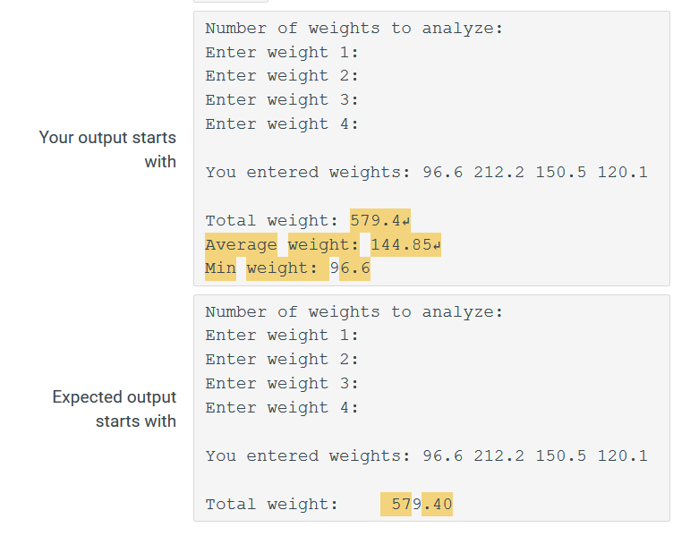 Number of weights to analyze: Enter weight 1: Enter weight 2: Enter weight 3: Enter weight 4: Your output starts with You entered weights: 96.6 212.2 150.5 120.1 Total weight: 579.4 Average weight:144.85 Min weight: 96 Number of weights to analyze: Enter weight 1: Enter weight 2: Enter weight 3: Enter weight 4: Expected output starts with You entered weights: 96.6 212.2 150.5 120.1 Total weight: 579.40