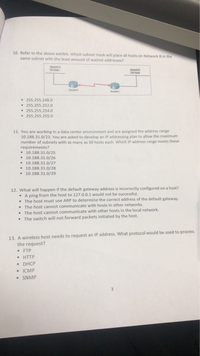 10. Refer to the above exhibit. Which subnet mask will place all hosts on Network B in the same subnet with the least amount of wasted addresses? 255.255.2480 255.255.252.0 255.255.254.0 255.255.255.0 11. You are working in a data center environment and are assigned the address range 10.188.31.0/23. You are asked to develop an IP addressing plan to allow the maximum number of subnets with as many as 30 hosts each. Which IP address range meets these requirements? 10.188.31.0/25 10.188.31.0/26 10.188.31.0/27 10.188.31.0/28 10.188.31.0/29 12. What will happen if the default gateway address is incorrectly configured on a host? A 

<div class=