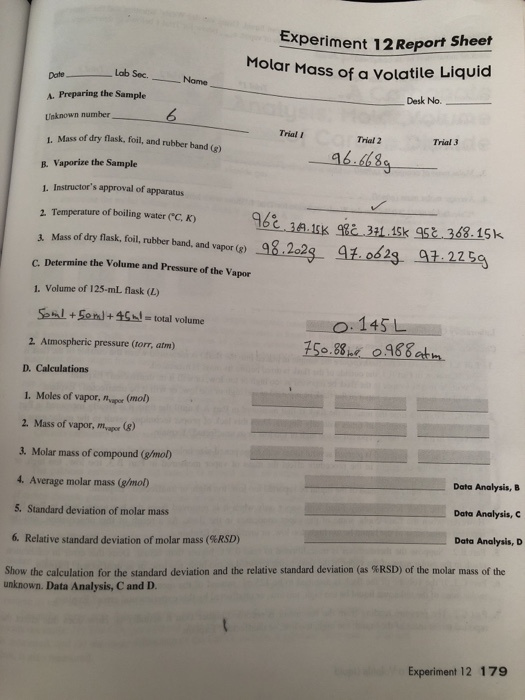 Solved Experiment 12 Report S Molar Mass of a Volatile | Chegg.com