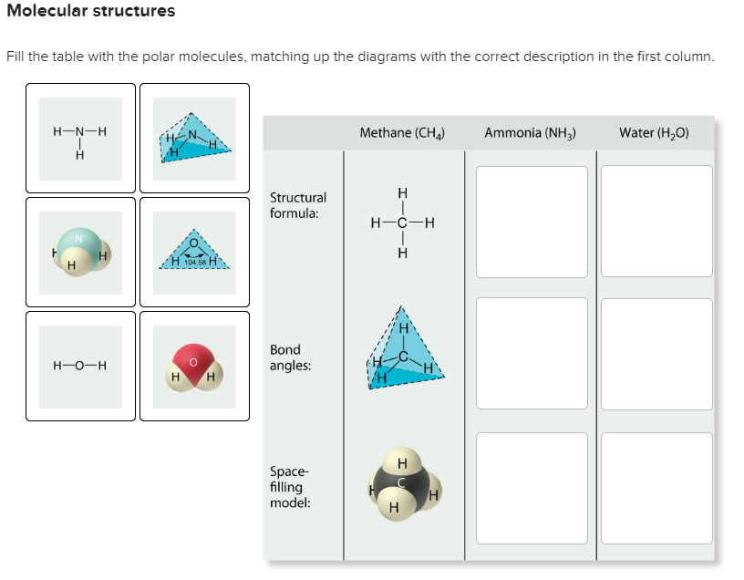 Molecular structures Fill the table with the polar molecules, matching up the diagrams with the correct description in the first column. H-N-H Methane (CHA Ammonia (NH3) Water (H20) Structural formula H-C-H 104 58 Bond angles Space- filling model