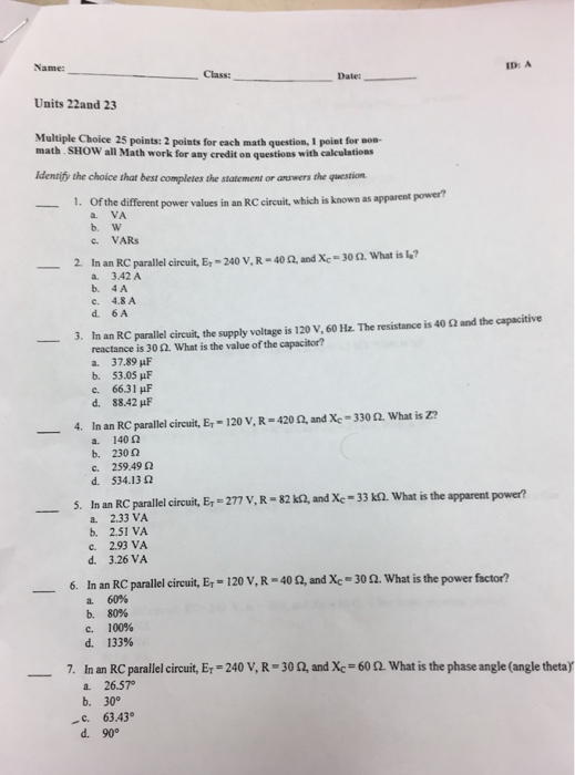 Solved Name: Class: Id: A Date:- Units 22And 23 Multiple | Chegg.com