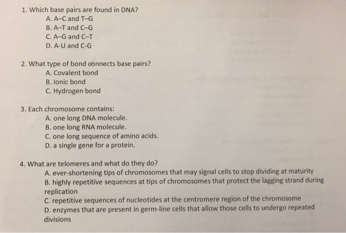 Solved 1 Which Base Pairs Are Found In Dna A A C And T Chegg Com