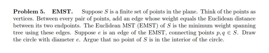 Problem 5. EMST. Suppose S is a finite set of points in the plane. Think of the points as vertices. Between every pair of poi