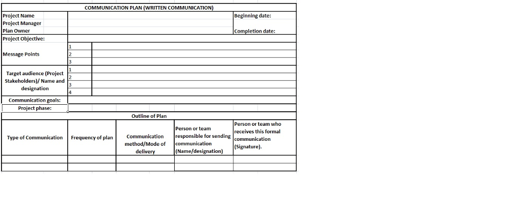 COMMUNICATION PLAN (WRITTEN COMMUNICATION) Project Name Project Manager Plan Owner Project Objective: Beginning date: Completion date: Message Points Target audience (Project Stakeholders)/Name and designation Communication goals: Project phase Outline of Plan Person or team who eceives this formal Person or team sible for sending communication Type of Communication Frequency o plan Communication respons method/Mode of communication (Signature) delivery (Name/designation)
