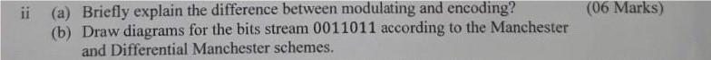 (a) Briefly explain the difference between modulating and encoding? (b) Draw diagrams for the bits stream 0011011 according to the Manchester ii (06 Marks) and Differential Manchester schemes