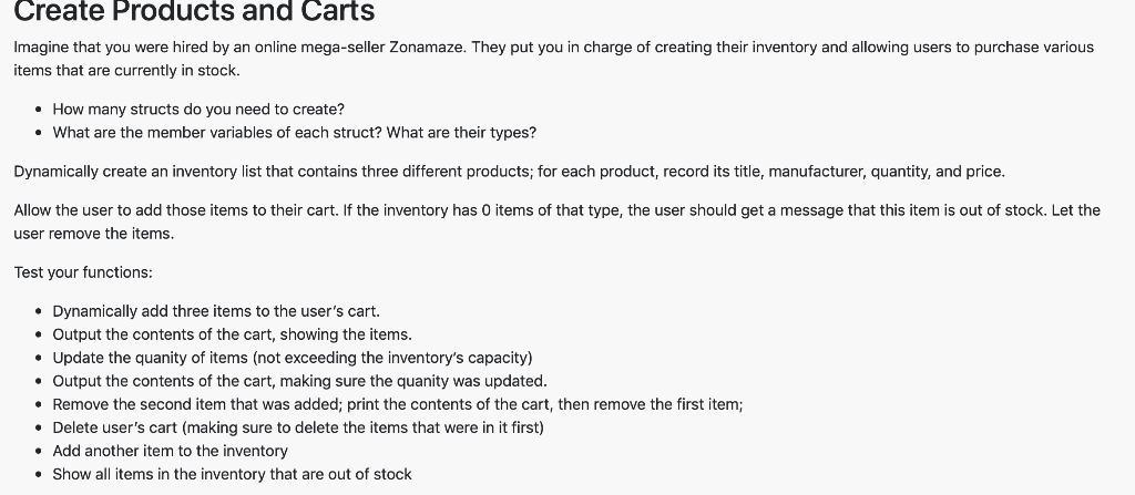 Create Products and Carts Imagine that you were hired by an online mega-seller Zonamaze. They put you in charge of creating t