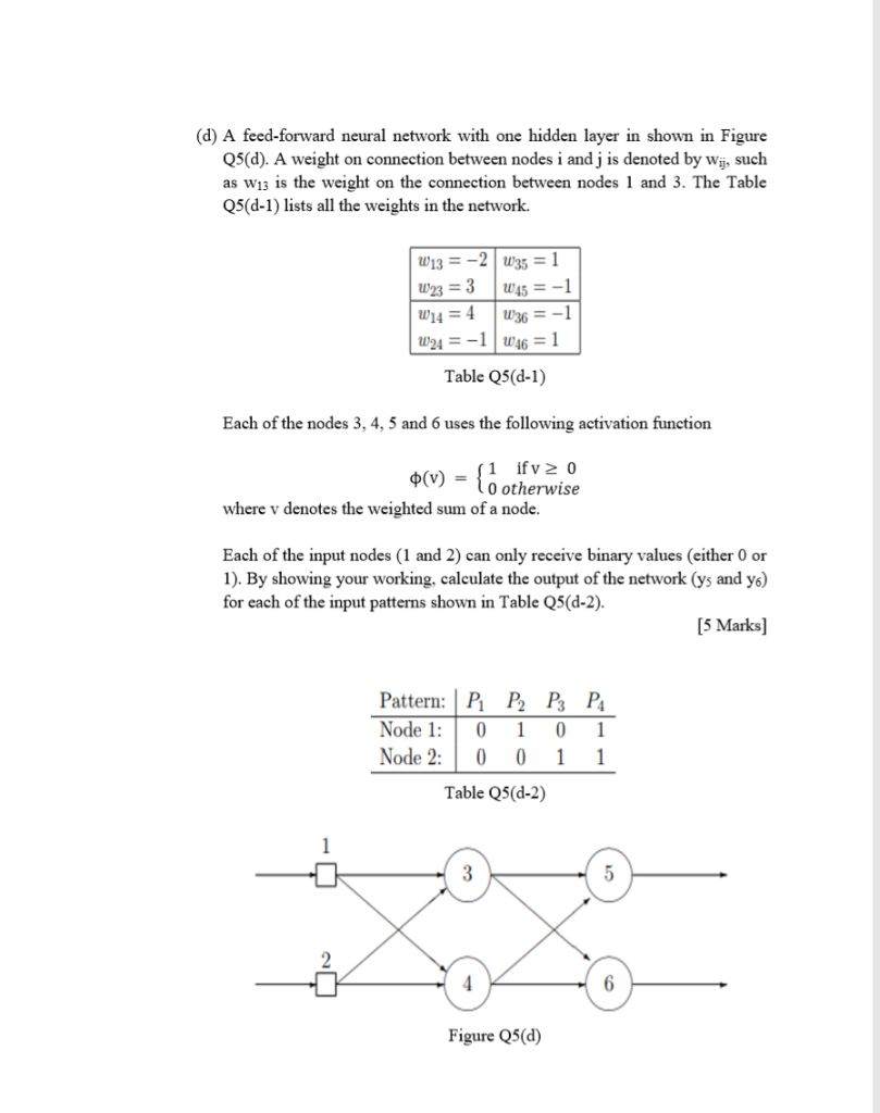 (d) A feed-forward neural network with one hidden layer in shown in Figure Q5(d). A weight on connection between nodes i and