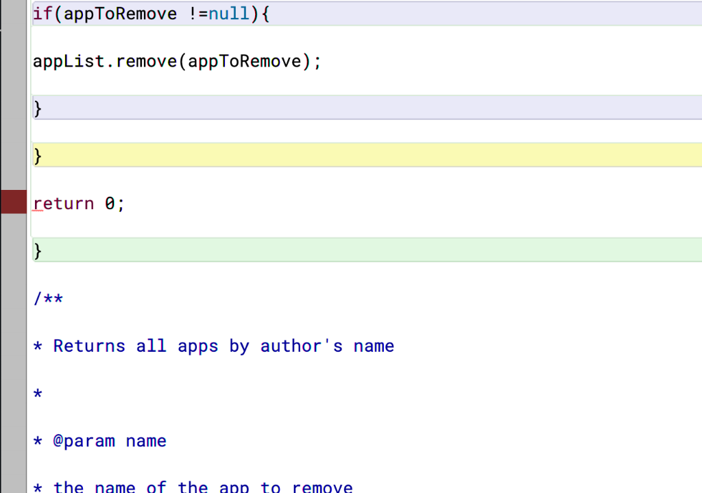 if (appToRemovenull)( appList.remove (appToRemove) return 0; *Returns all apps by authors name * @param name * the name of t