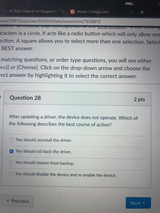 C Home | Chegg.com 70-688 Chapter 01 SupportinX rses/70815/quizzes/333020/take/questions/7529813 racters is a circle, if acts