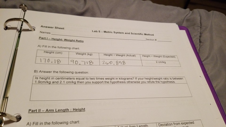 Solved Answer Sheet Names Parti Height Weight Ratio Lab