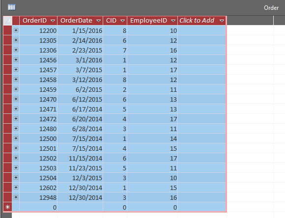 Order 3714 OrderlDOrderDate CID EmployeelD Click to Add 0 8671182654314653130 4 2 666677 66789012 005555777 34444444 123 0 田1