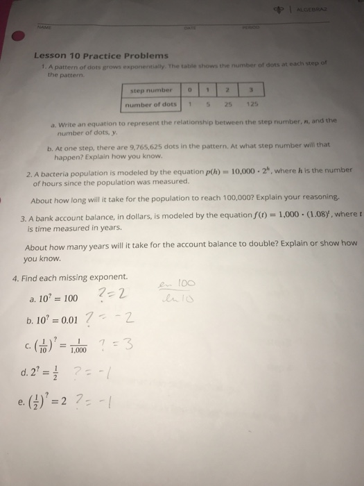 Algebra 1 Lesson 10 3 Answers - 