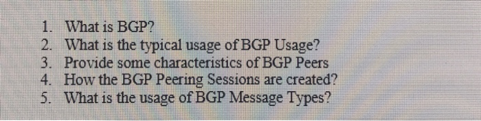 1. What is BGP? 2. What is the typical usage of BGP Usage? 3. Provide some characteristics of BGP Peers 4. How the BGP Peerin
