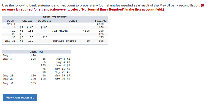 Solved Use the following bank statement and T-account to | Chegg.com