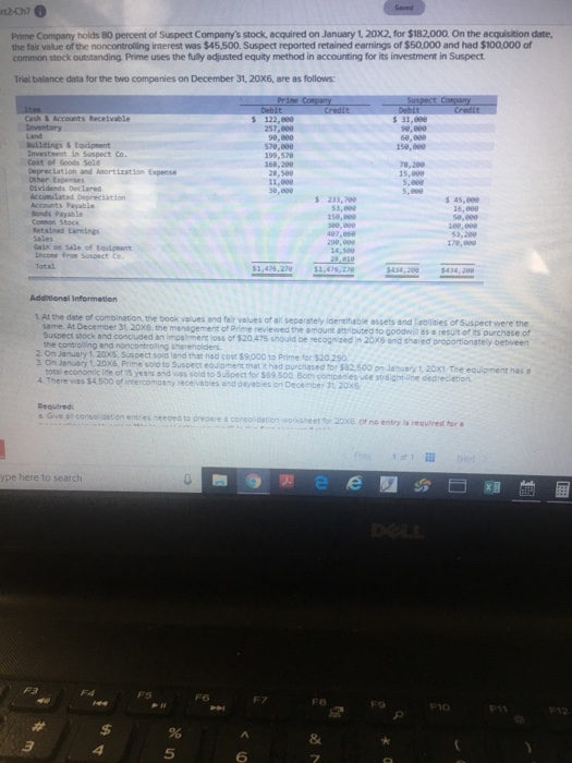 Prime company holds 80 percent of suspect companys stock, acquired on january 1, 20x2, for $182,000. on the acquisition date