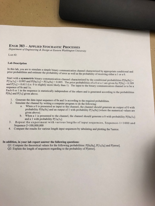 Engr 383 Applied Stochastic Processes Department O - 