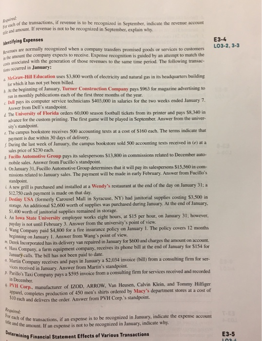 yuired ach of the transactions, if revenue is to be recognized in September, indicate the revenue account and amount. If revenue is not to be recognized in September, explain why For lentifying Expenses E3-4 LO3-2, 3-3 are normally recognized when a company transfers promised goods or services to customers he amount the company expects to receive. Expense recognition is guided by an attempt to match the is t associated with the generation of those revenues to the same time period. The following transac- ions occurred in January MeGraw-Hill Education uses $3,800 worth of electricity and natural gas in its headquarters building for which it has not yet been billed. At the beginning of January. Turner Construction Company pays S963 for magazine advertising to run in monthly publications each of the first three months of the year Dell pays its computer service technicians $403,000 in salaries for the two weeks ended January 1. Answer from Dells standpoint. 4. The University of Florida orders 60,000 season football tickets from its printer and pays $8,340 in advance for the custom printing. The first game will be played in September. Answer from the univer- sitys standpoint. The campus bookstore receives 500 accounting texts at a cost of $160 each. The terms indicate that puyment is due within 30 days of delivery / During the last week of January, the campus bookstore sold 500 accounting texts received in (e) at a sales price of $230 each. Fucillo Automotive Group pays its salespersons $13,800 in commissions related to December auto- mobile sales. Answer from Fucillos standpoint. On January 31, Fucillo Automotive Group determines that it will pay its salespersons S15.560 in com- missions related to January sales. The payment will be made in early February. Answer from Fucillos standpoint. L A new grillis purchased and installed at a Wendys restaurant at the end of the day on January 31: a S12.750 cash payment is made on that day . Destiny USA (formerly Carousel Mall in Syracuse, NY) had janitorial supplies costing $3,500 in stonage. An aditional $2,600 worth of supplies was purchased during January. At the end of January, $1,400 worth of janitorial supplies remained in storage. E An lowa State University employee works eight hours, at si5 per hour, on January 31: however payday is not until February 3. Answer from the universitys point of view. tWang Company paid $4,800 for a fire insurance policy on January 1. The policy covers 12 months beginning on January 1. Answer from Wangs point of view. corporated has its delivery van repaired in January for $600 and charges the amount on account Company, a farm equipment company, receives its phone bill at the end of January for $154 for January calls. The bill has not been paid to date. n Hass artin Company receives and pays in January a $2.034 invoice (bill from a consulting firm for ser- ICCS received in January. Answer from Martins standpoint. services received and recorded p. Parillos Taxi 9 PVH Corp., manufacturer of 1ZOD, ARROW, Van Heusen, Calvin Klein, and Tommy Hilfiger Required in December. appurel, completes production of 450 mens shirts ordered by Macys department stores at a cost of i each and delivers the order. Answer from PVH Corp.s standpoint. of the transactions, if an expense is to be recognized in January, indicate the expense e amount. If an expense is not to be recognized in January, indicate why ing Financial Statement Effects of Various Transactions account and the Determining E3-5