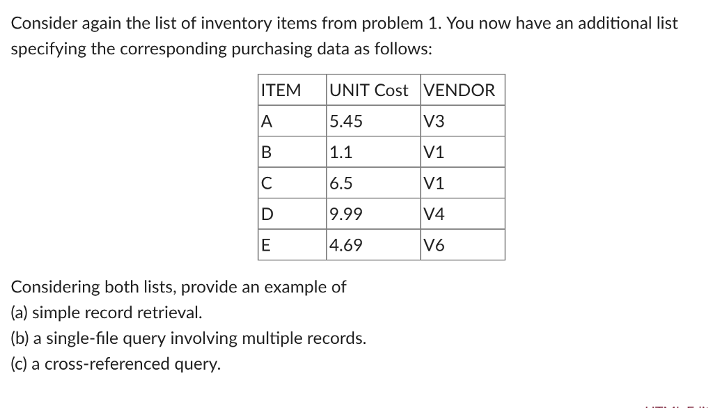 Consider again the list of inventory items from problem 1. You now have an additional list specifying the corresponding purch