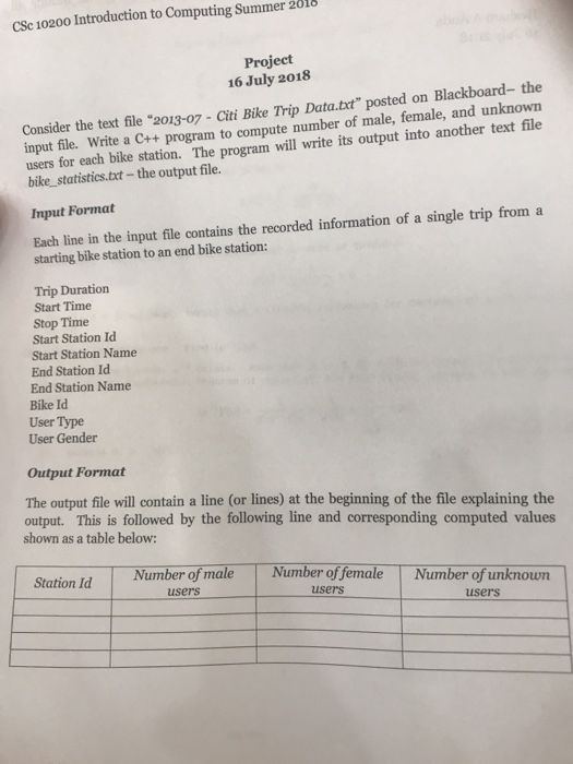 CSc 10200 Introduction to Computing Summer 201 Project 16 July 2018 Consider the text file 2013-07 Citi Bike Trip Data.txt posted on Blackboard- the input file. Write a C++ program to compute number of male, female, and unknown users for each bike station. The program will write its output into another text file bike statistics.txt-the output file. Input Format Each line in the input file contains the recorded information of a single trip from a starting bike station to an end bike station: Trip Duration Start Time Stop Time Start Station Id Start Station Name End Station Id 

<div class=