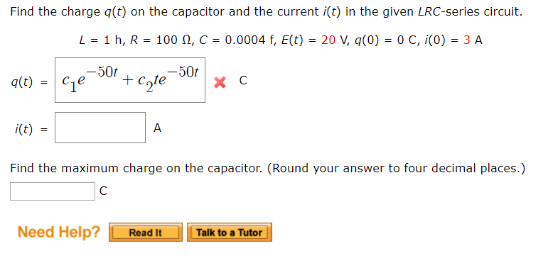 Solved Find The Charge Q T On The Capacitor And The Curr Chegg Com