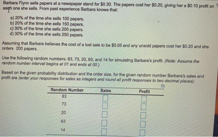 Barbara Flynn sells papers at a newspaper stand for $0.30. The papers cost her $0.20, giving her a $0.10 profit on eagh one she sells. From past experience Barbara knows that: a) 20% of the time she sells 100 papers. b) 20% of the time she sells 150 papers. c) 30% of the time she sells 200 papers. d) 30% of the time she sells 250 papers. Assuming that Barbara believes the cost of a lost sale to be $0.05 and any unsold papers cost her orders 200 papers. Use the following random numbers: 83, 73, 20, 63, 

<div class=
