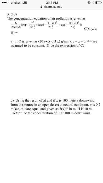 Solved The Concentration Equation Of Air Pollution Is Giv Chegg Com