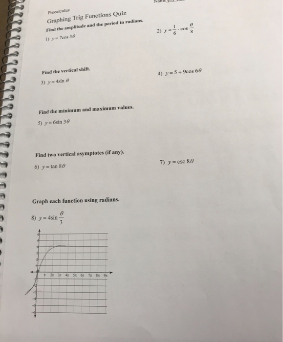 Solved Graphing Trig Functions Quiz Find The Amplitude An Chegg Com