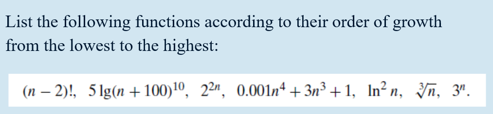 Solved List Following Functions According Order Growth Lowest Highest N 2 5lg N 100 10 22 0001n43 Q