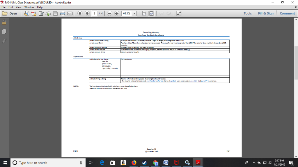 PA04 UML Class Diagramspdf (SECURED) - Adobe Reader File Edit View Window Help ·-+ | Tools Fill&SignComment 68.3% |- Security