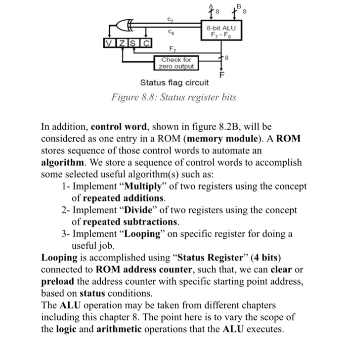 8 8 8-bit ALU Ce 8 zero output Status flag circuit Figure 8.8: Status register bit.s In addition, control word, shown in figu