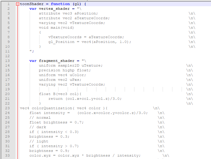 toonShaderfunction (gl) var vertex shader- 2 attribute vec3 aPosition; attribute vec2 aTextureCoords; varying vec2 vTextureCo