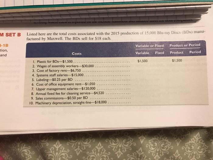 Listed here are the total costs associated with the 2015 production of 15,000 Blu-ray Discs (BDs) manu- factured by Maxwell. The BDs sell for $18 each M SET B -1B tion, and Variable or Fixed Product or Period Costs Variable Fixed Product Period $1,500 $1,500 I. Plastic for BDs $1,500.. 2. Wages of assembly workers-$30,000.... 3. Cost of factory rent $6,750 5. Labeling-$0.25 per BD... 6. Cost of office equipment rent- $1,050... . 7. Upper management salaries-$120,000 8. Annual fixed fee for cleaning service $4,520 9. Sales commissions--$0.50 per BD . 1O. Machinery depreciation, straight-line$18,000