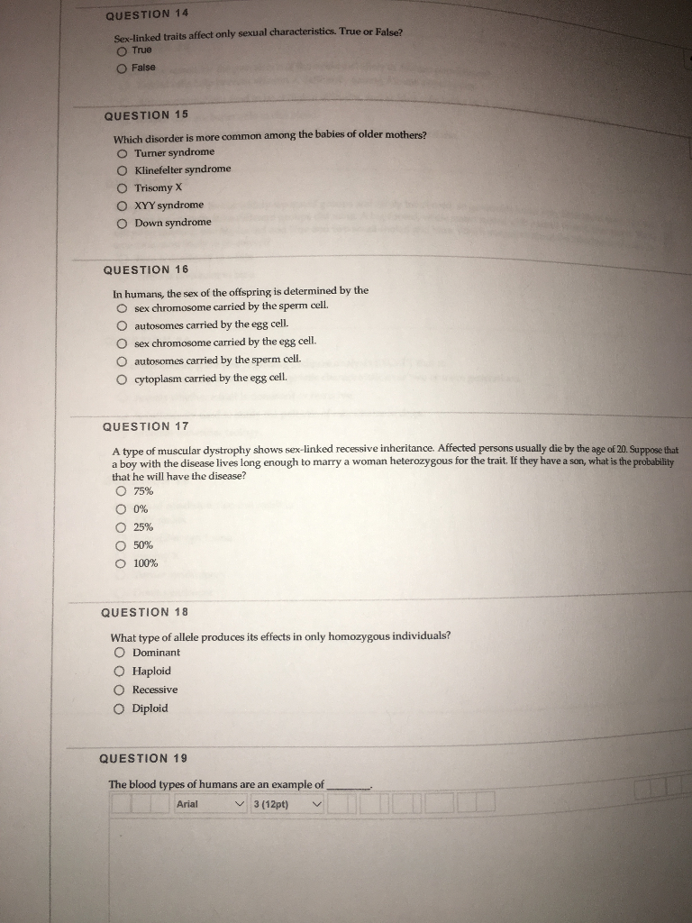 Solved QUESTION 14 Sex-linked traits affect only sexual | Chegg.com