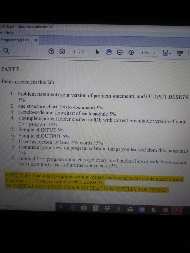 t 0503 pdt Adobe Acrobat Reade DC Programming Lab. x 115% PART B Items needed for this lab: Problem statement (your version o