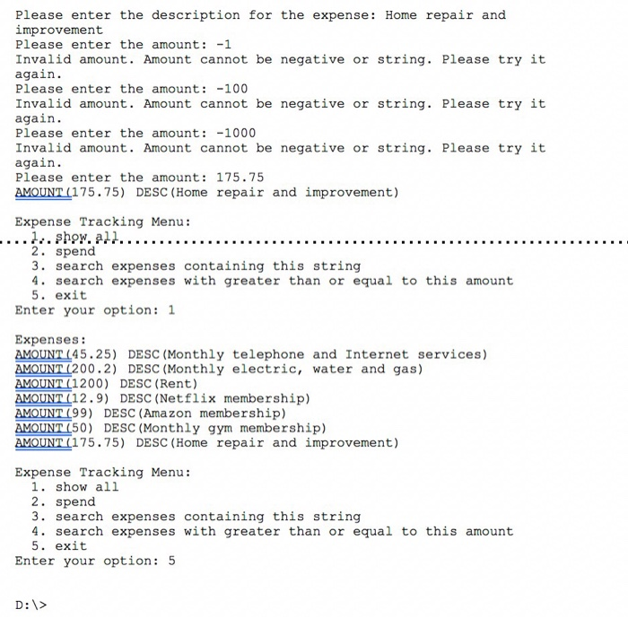 Please enter the description for the expense: Home repair and improvement Please enter the amount: -1 Invalid amount. Amount