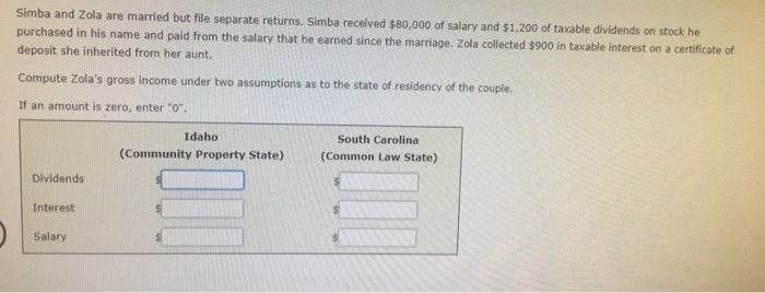 simba and Zola are married but file separate returns. Simba received $80,000 of salary and $1.200 of taxable dividends on stock he purchased in his name and paid from the salary that he earned since the marriage. Zola collected $900 in taxable interest on a certificate of deposit she inherited from her aunt. Compute Zolas gross income under two assumptions as to the state of residency of the couple. If an amount is zero, enter o Idaho South Carolina (Community Property State)(Common Law State) Dividends Interest Salary