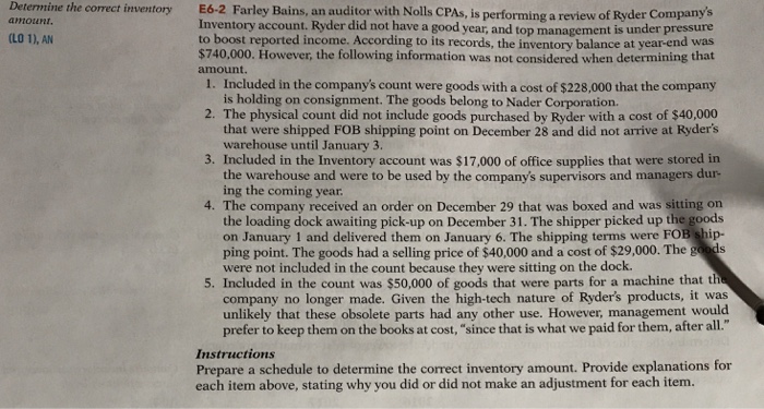 Detemine the correct inventory E6-2 Farley Bains, an auditor with Nolls CPAs, is performing a review of Ryder Companys amouRT. Inventory account. Ryder did not have a good year, and top management is under pressure to boost reported income. According to its records, the inventory balance at year-end was $740,000. However, the following information was not considered when determining that amount. (LO 1), AN 1. Included in the companys count were goods with a cost of $228,000 that the company is holding on consignment. The goods belong to Nader Corporation. 2. The physical count did not include goods purchased by Ryder with a cost of $40,000 3. Included in the Inventory account was $17,000 of office supplies that were stored in 4. The company received an order on December 29 that was boxed and was sitting on that were shipped FOB shipping point on December 28 and did not arrive at Ryders warehouse until January 3. the warehouse and were to be used by the companys supervisors and managers dur ing the coming year the loading dock awaiting pick-up on December 31. The shipper picked up the goods on January 1 and delivered them on January 6. The shipping terms were FOB ship- ping point. The goods had a selling price of $40,000 and a cost of $29,000. The g were not included in the count because they were sitting on the dock 5. Included in the count was $50,000 of goods that were parts for a machine that th company no longer made. Given the high-tech nature of Ryders products, it was unlikely that these obsolete parts had any other use. However, management would prefer to keep them on the books at cost, since that is what we paid for them, after all. Instructions Prepare a schedule to determine the correct inventory amount. Provide explanations for each item above, stating why you did or did not make an adjustment for each item.