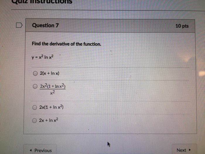 Find The Derivative Of The Function Y X 2 Ln X 2 Chegg Com