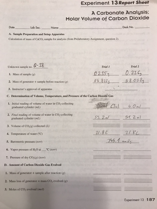 Experiment 13 Report Sheet A Carbonate Analysis Chegg 