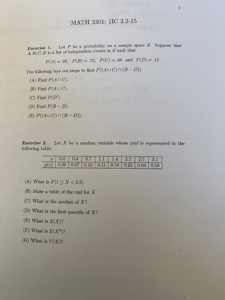 Solved Math 3301 Iic 3 2 15 Exercise 1 Let P Be A Proba Chegg Com