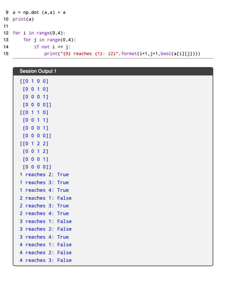 9 a np . dot (a,a) + a 10 print(a) 12 for i in range(0,4): 13 for j in range(0,4) if not i-j: print(10 reaches 12}.format(i