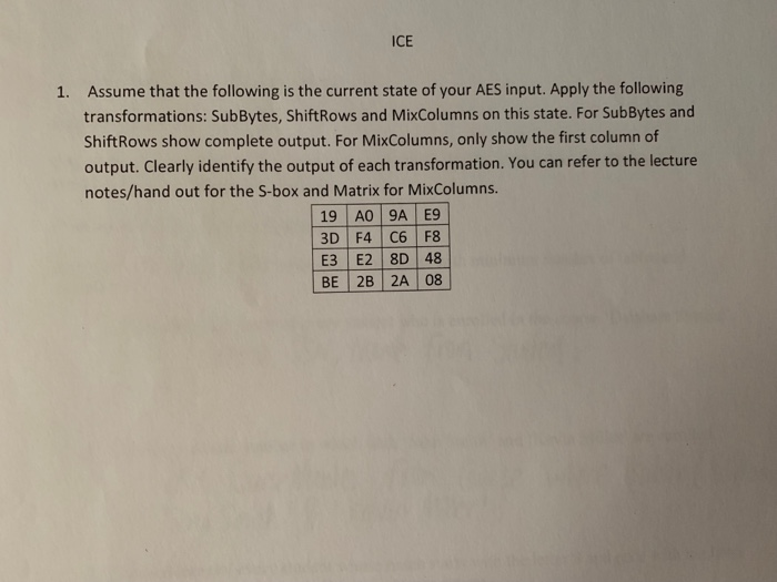 ICE Assume that the following is the current state of your AES input. Apply the following transformations: SubBytes, ShiftRow