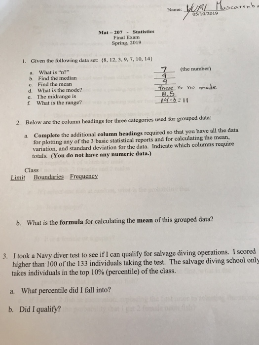 Solved Corren A Name 05 10 2019 Mat 207 Statisties Fina