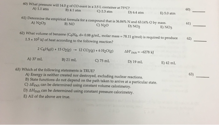 Solved 60 60 What Pressure Will 14 0 G Of Co Exert In A Chegg Com