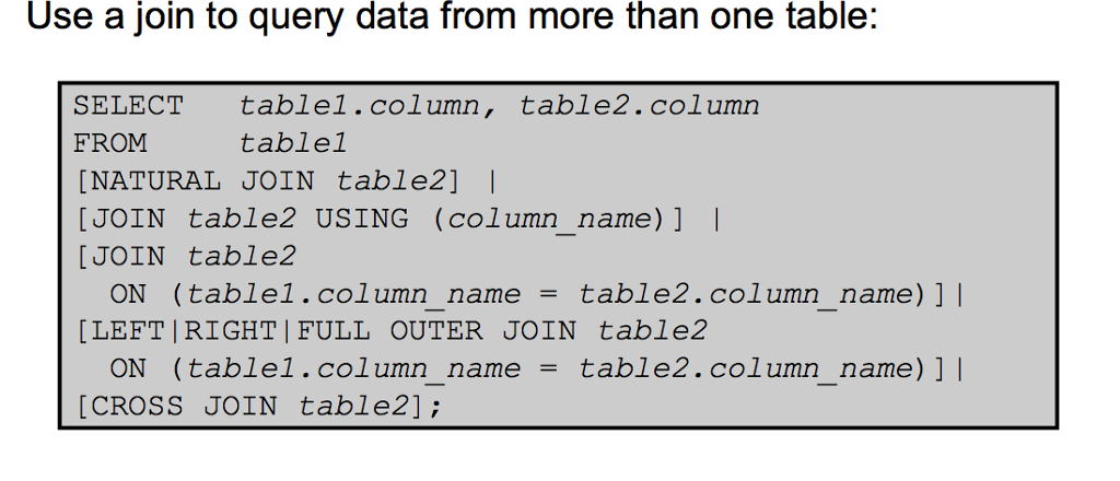 Use a to query data more one table: join from than SELECT tablel.column, table2.column FROM NATURAL JOIN table2] [JOIN table2 USING (column_name)] I [JOIN table2 table1 table2 USING (column name)] | ON (table1. column name = table2.column name )] | LEFT IRIGHT | FULL OUTER JOIN table2 ON (tablel.column name -table2.column name)]| [CROSS JOIN table2];