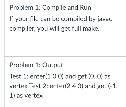 Problem 1: Compile and Run If your file can be compiled by javac complier, you will get full make Problem 1: Output Test 1: e