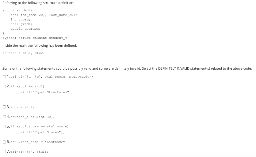 Referring to the following structure definition: struct student char fst name [20, last_name [20]; int score char grade; doub
