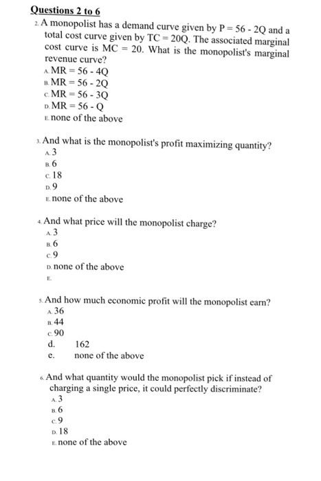 Solved A Monopolist Has A Demand Curve Given By P 56 Chegg Com