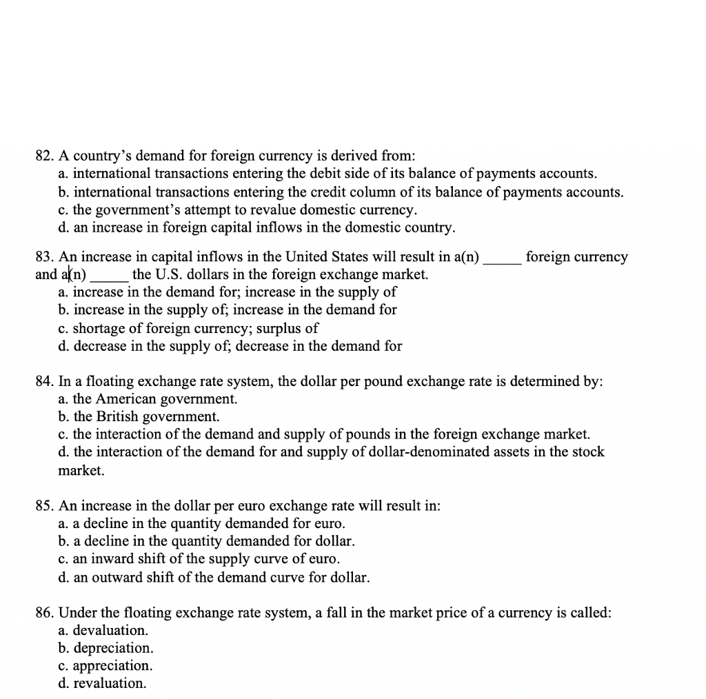 Solved 82 A Country S Demand For Foreign Currency Is Der 82 A Countrys Demand For Foreign Currency Is Derived From International Transactions