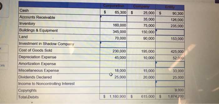 Cash accounts receivable inventory buildings & equipment land investment in shadow company cost of goods sold depreciation ex